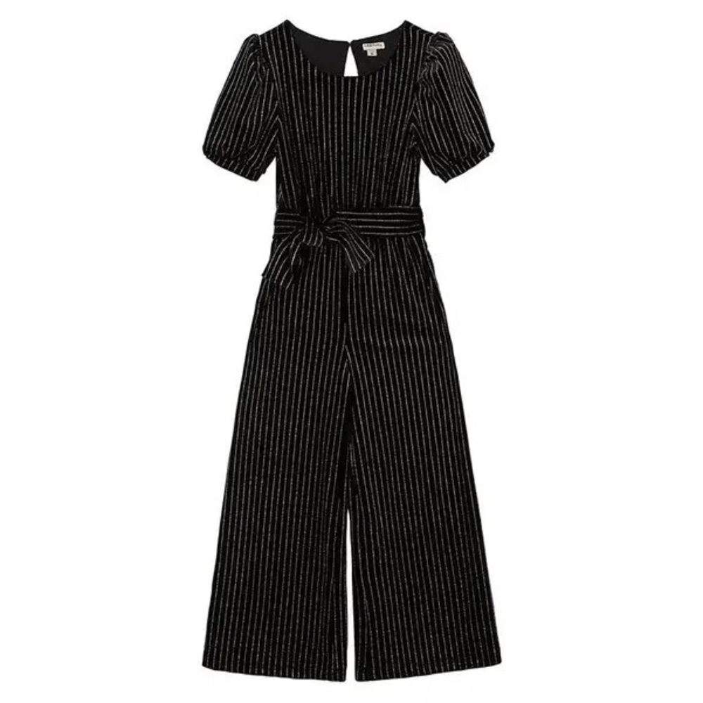 Habitual sparkle pinstripe jumpsuit with waist bow short sleeve size 14 girls
